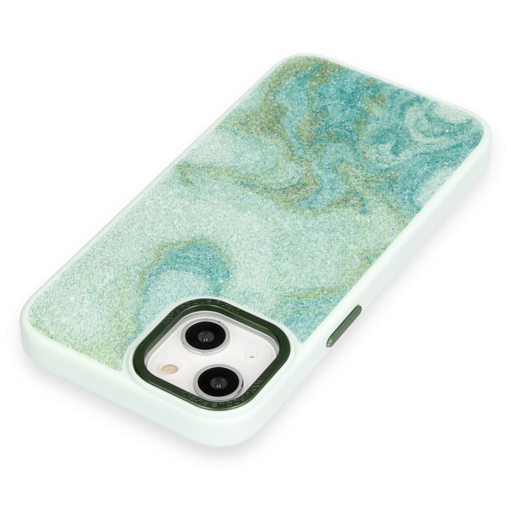 Newface iPhone 13 Kılıf Moda Simli Kapak - Yeşil
