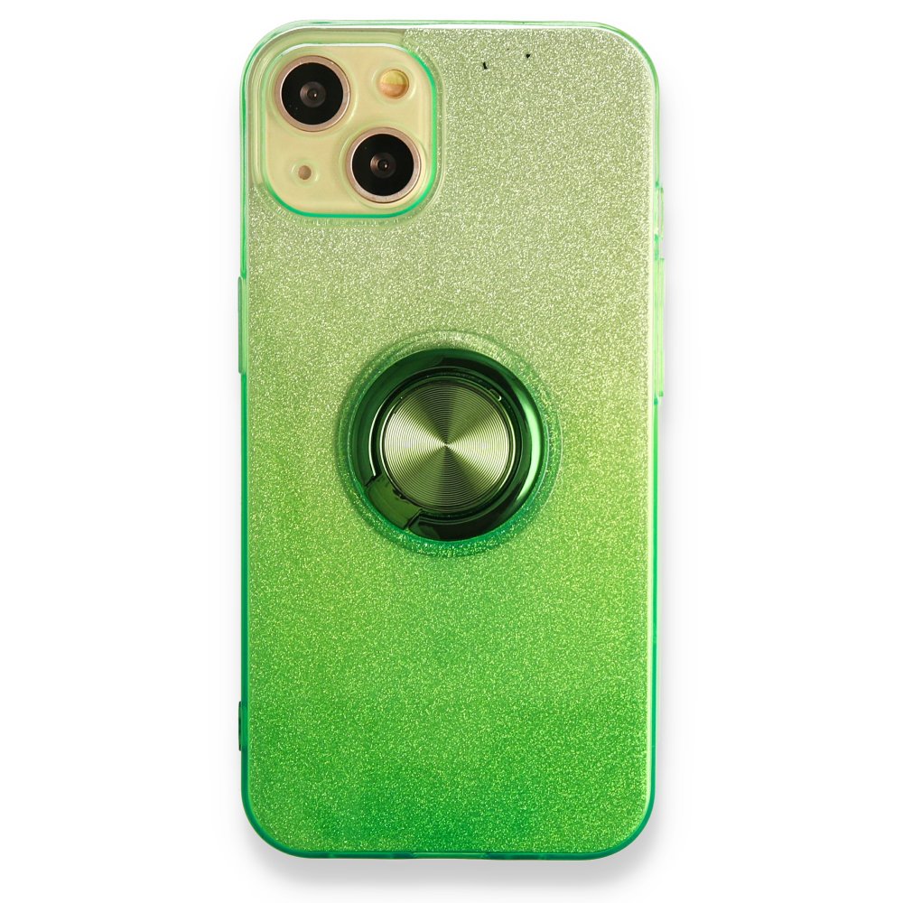 Newface iPhone 13 Kılıf Simli Yüzüklü Silikon - Yeşil