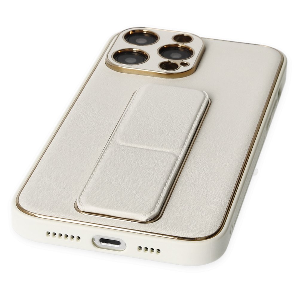 Newface iPhone 13 Pro Kılıf Coco Deri Standlı Kapak - Beyaz