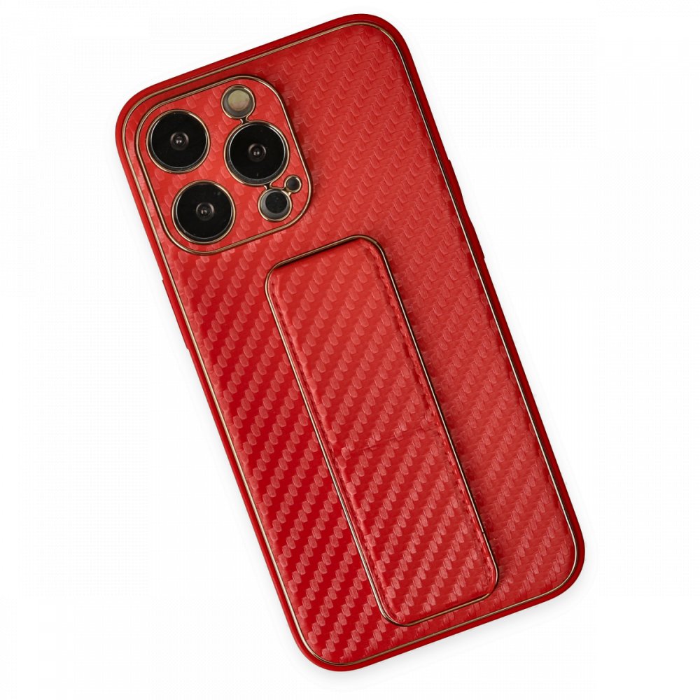 Newface iPhone 13 Pro Kılıf Coco Karbon Standlı Kapak  - Kırmızı