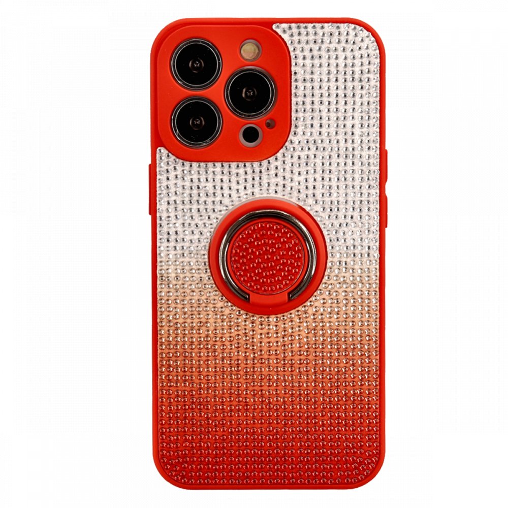 Newface iPhone 13 Pro Kılıf Daytona Yüzüklü Taşlı Silikon - Kırmızı