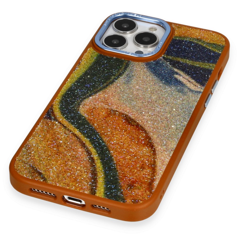 Newface iPhone 13 Pro Kılıf Moda Simli Kapak - Kahverengi
