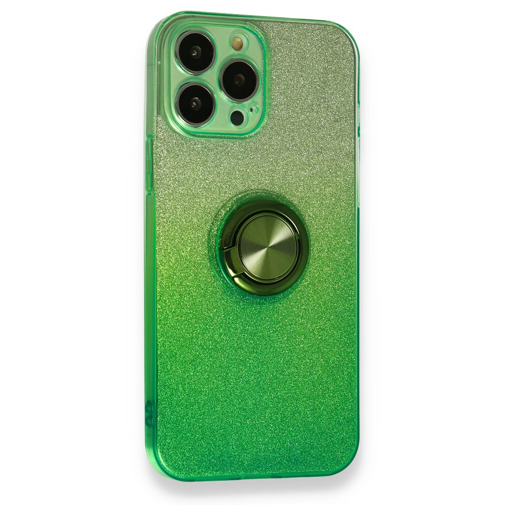 Newface iPhone 13 Pro Kılıf Simli Yüzüklü Silikon - Yeşil