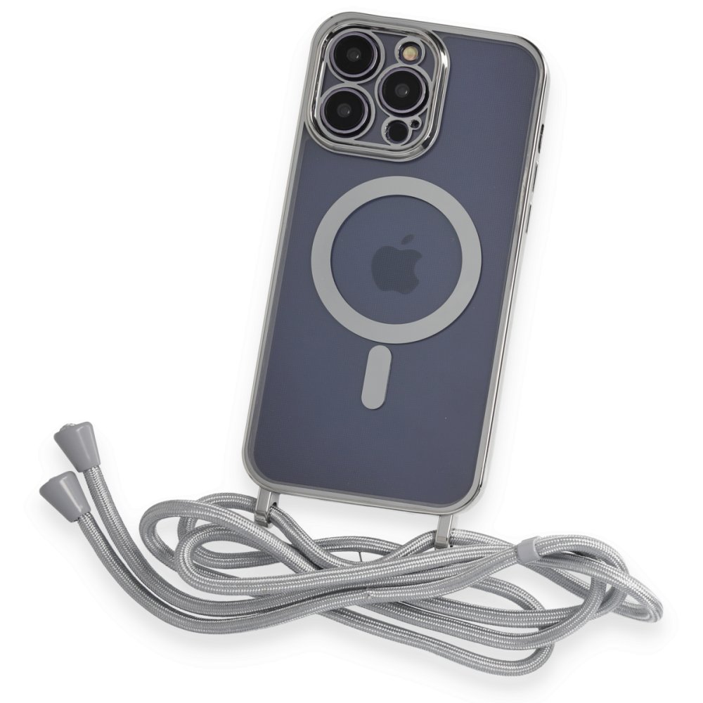 Newface iPhone 13 Pro Max Kılıf Divo Lazer Askılı Magsafe Kapak - Gümüş