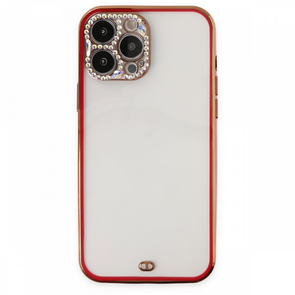 Newface iPhone 13 Pro Max Kılıf Liva Taşlı Silikon - Kırmızı