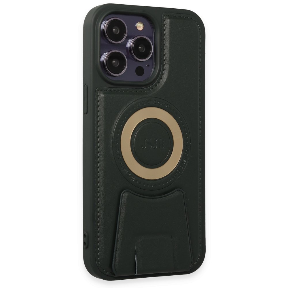 Newface iPhone 13 Pro Max Kılıf Merkür Magneticsafe Standlı Kapak - Koyu Yeşil