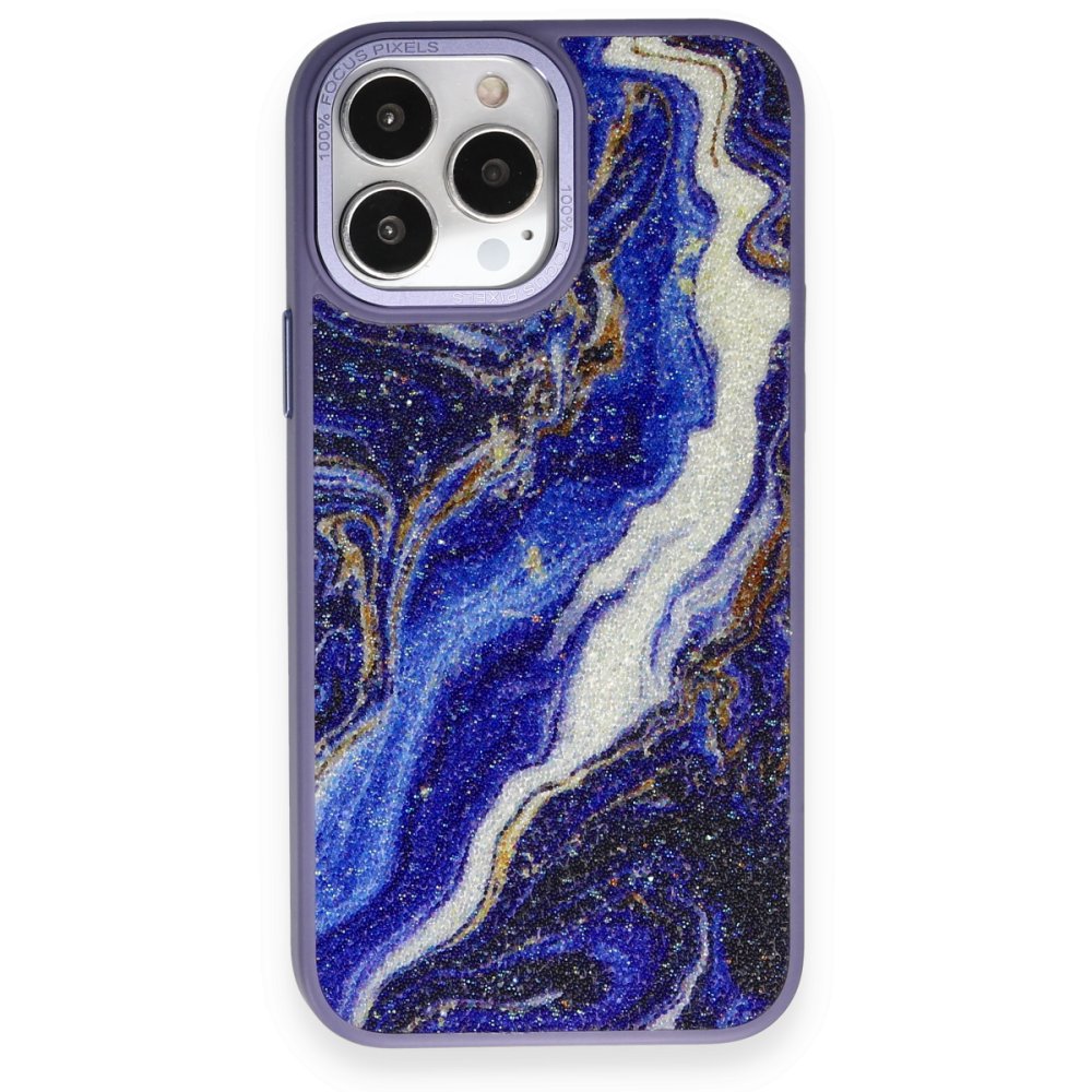 Newface iPhone 13 Pro Max Kılıf Moda Simli Kapak - Mavi