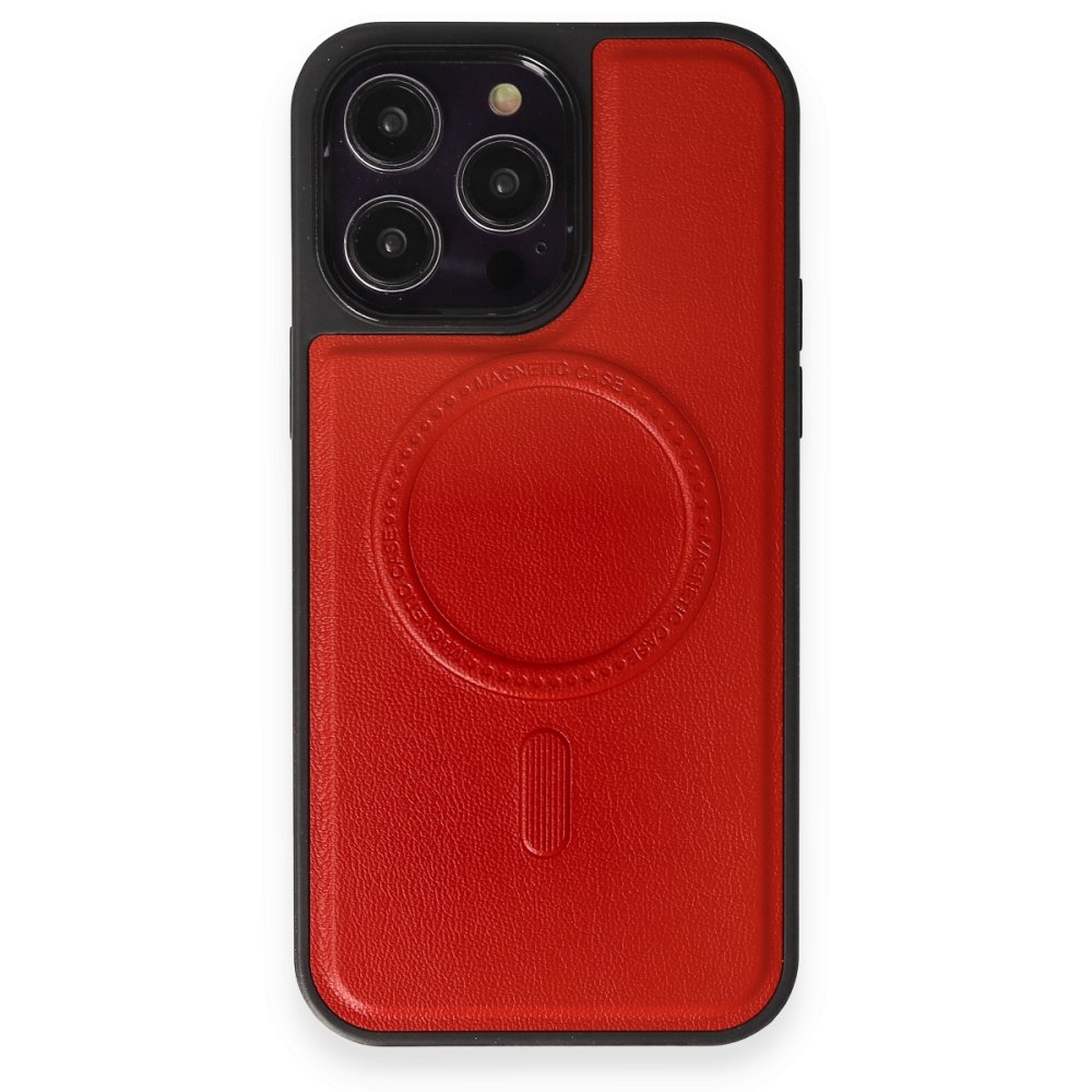 Newface iPhone 13 Pro Max Kılıf Ozzi Magsafe Deri Kapak - Kırmızı