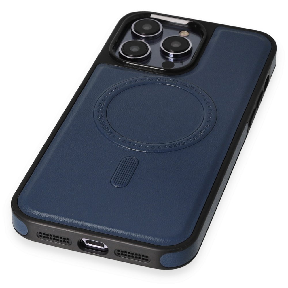 Newface iPhone 13 Pro Max Kılıf Ozzi Magsafe Deri Kapak - Lacivert