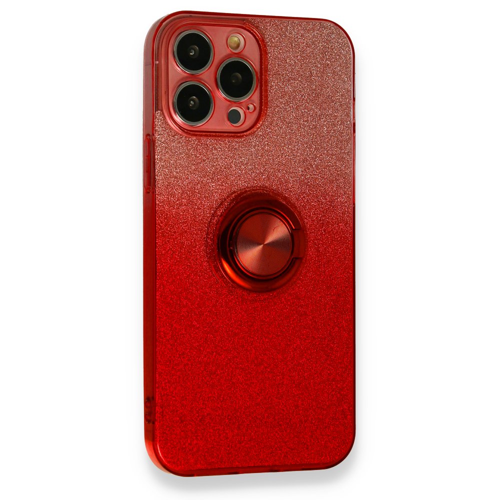 Newface iPhone 13 Pro Max Kılıf Simli Yüzüklü Silikon - Kırmızı