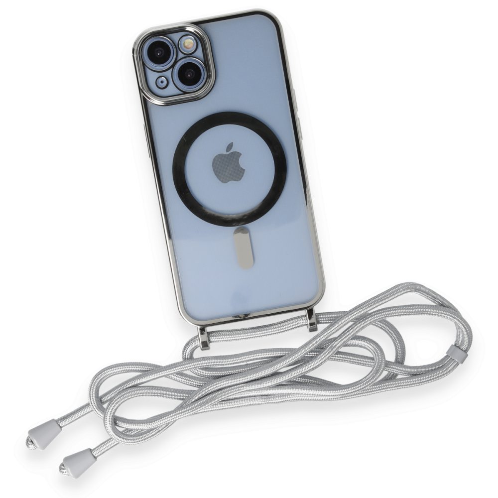 Newface iPhone 14 Kılıf Divo Lazer Askılı Magsafe Kapak - Gümüş