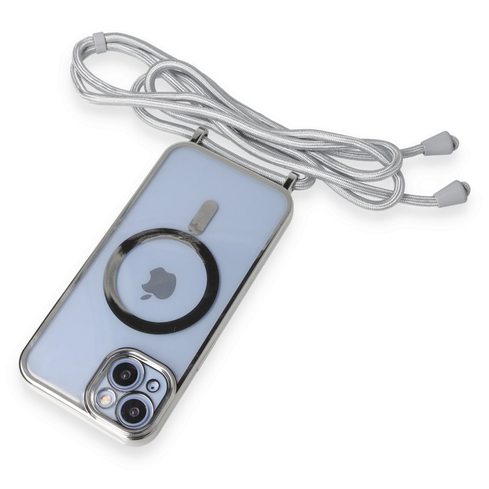 Newface iPhone 14 Kılıf Divo Lazer Askılı Magsafe Kapak - Gümüş