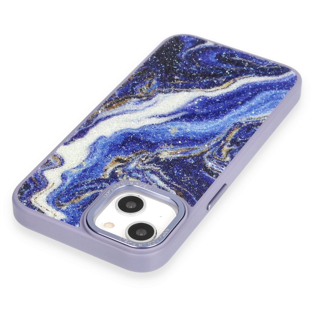 Newface iPhone 14 Kılıf Moda Simli Kapak - Mavi