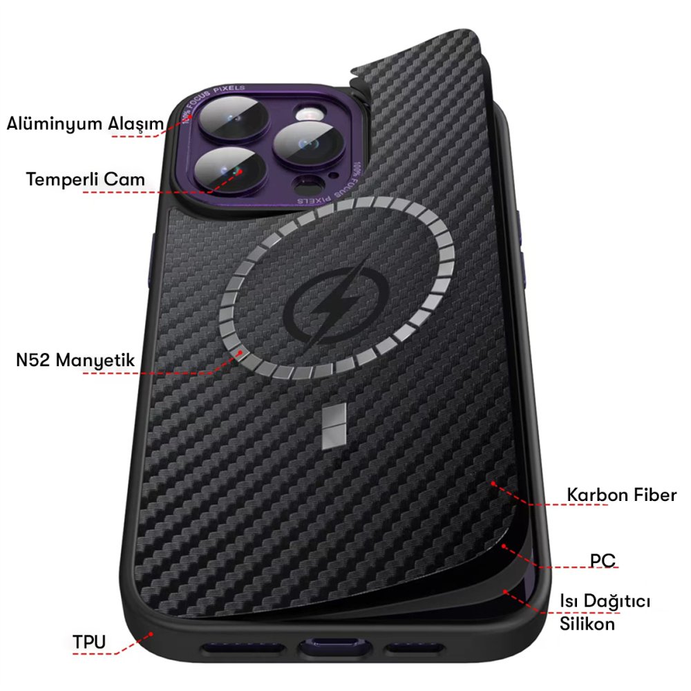 Newface iPhone 14 Pro Kılıf Harbon Magneticsafe Karbon Kapak - Derin Mor