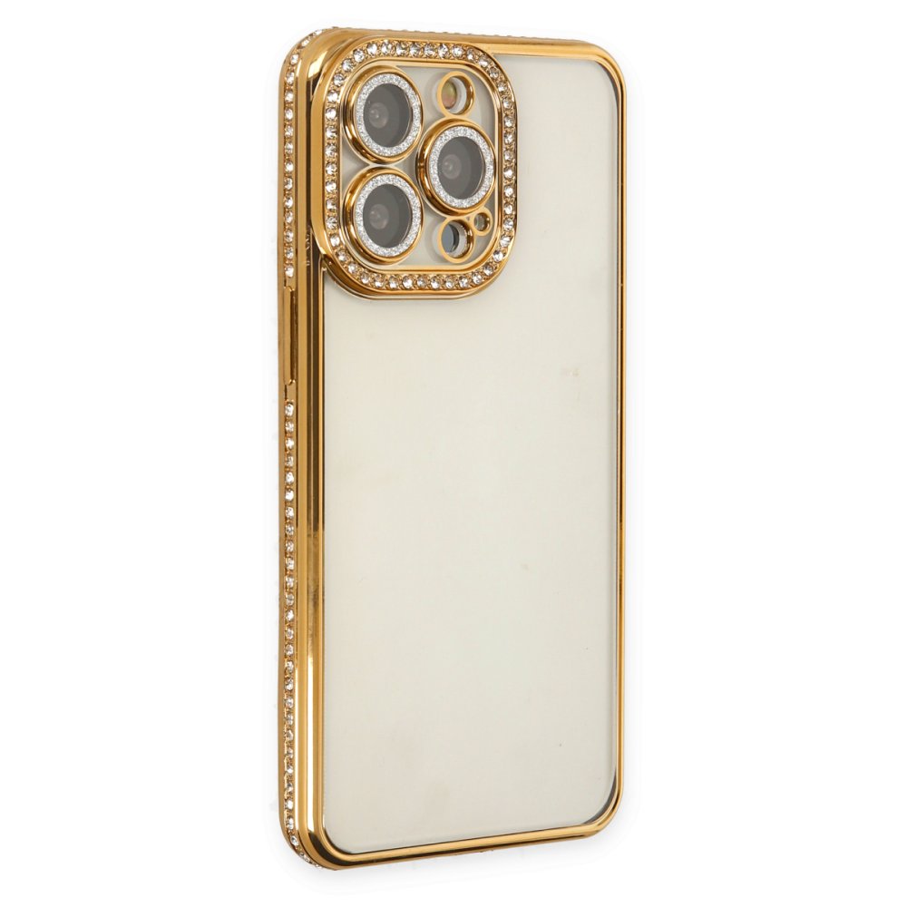 Newface iPhone 14 Pro Kılıf Joke Taşlı Silikon - Gold