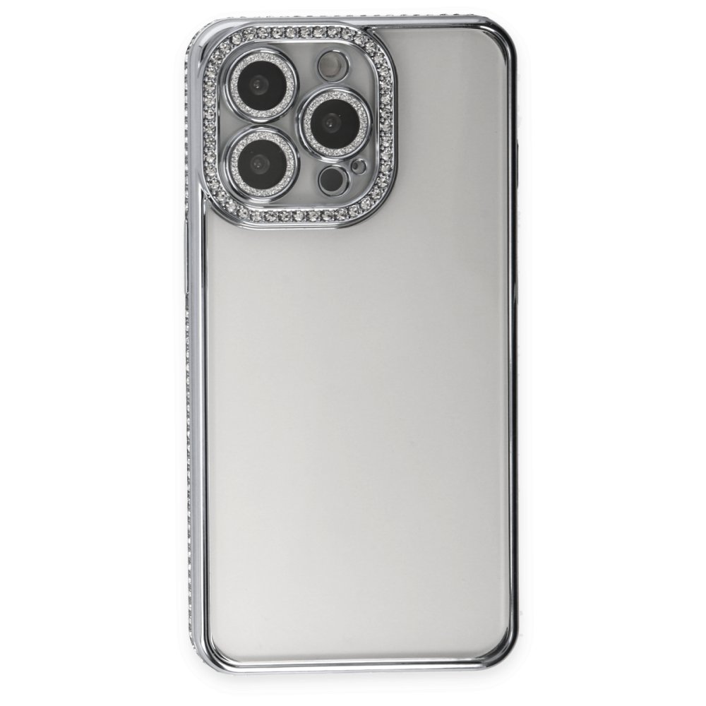 Newface iPhone 14 Pro Kılıf Joke Taşlı Silikon - Gümüş