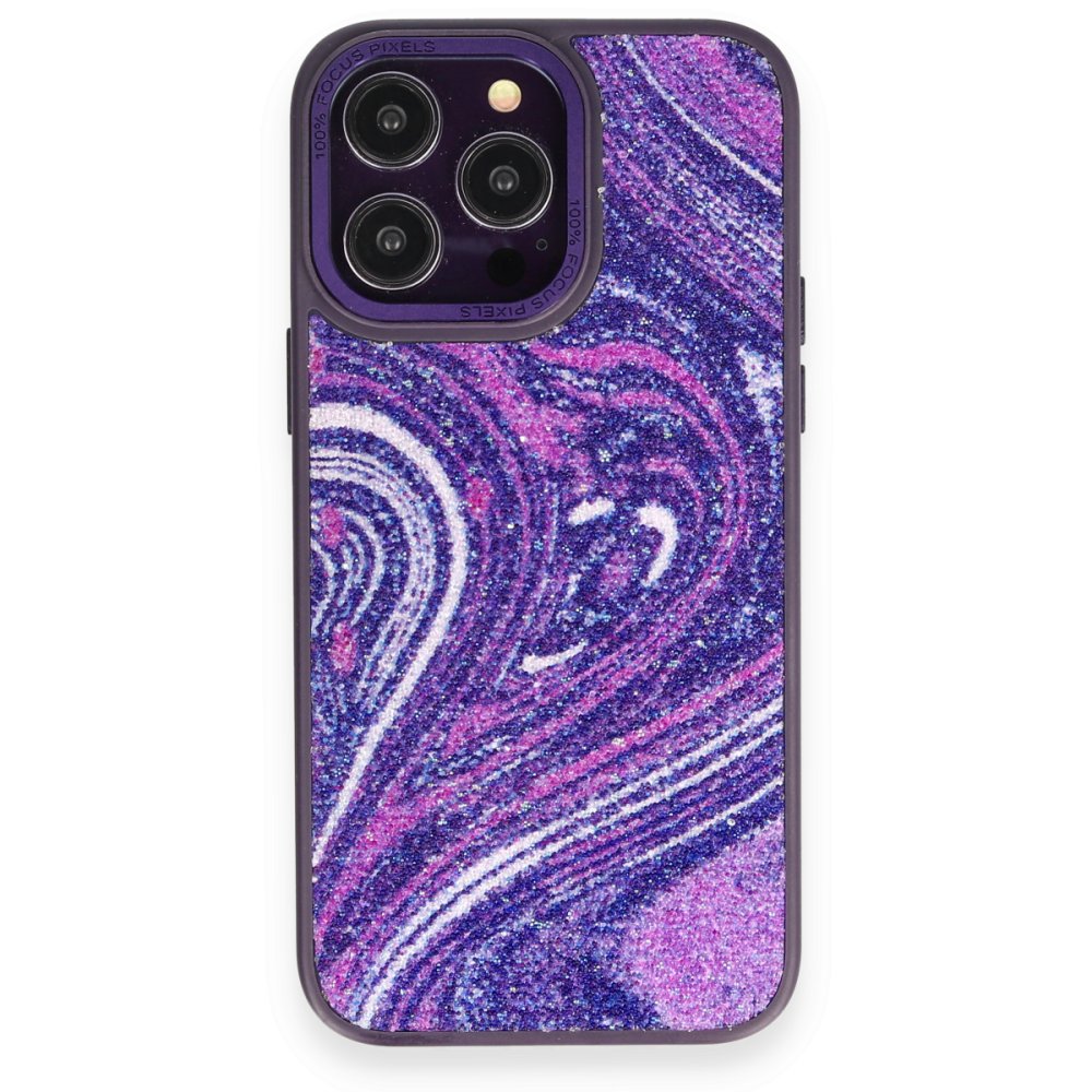 Newface iPhone 14 Pro Kılıf Moda Simli Kapak - Derin Mor