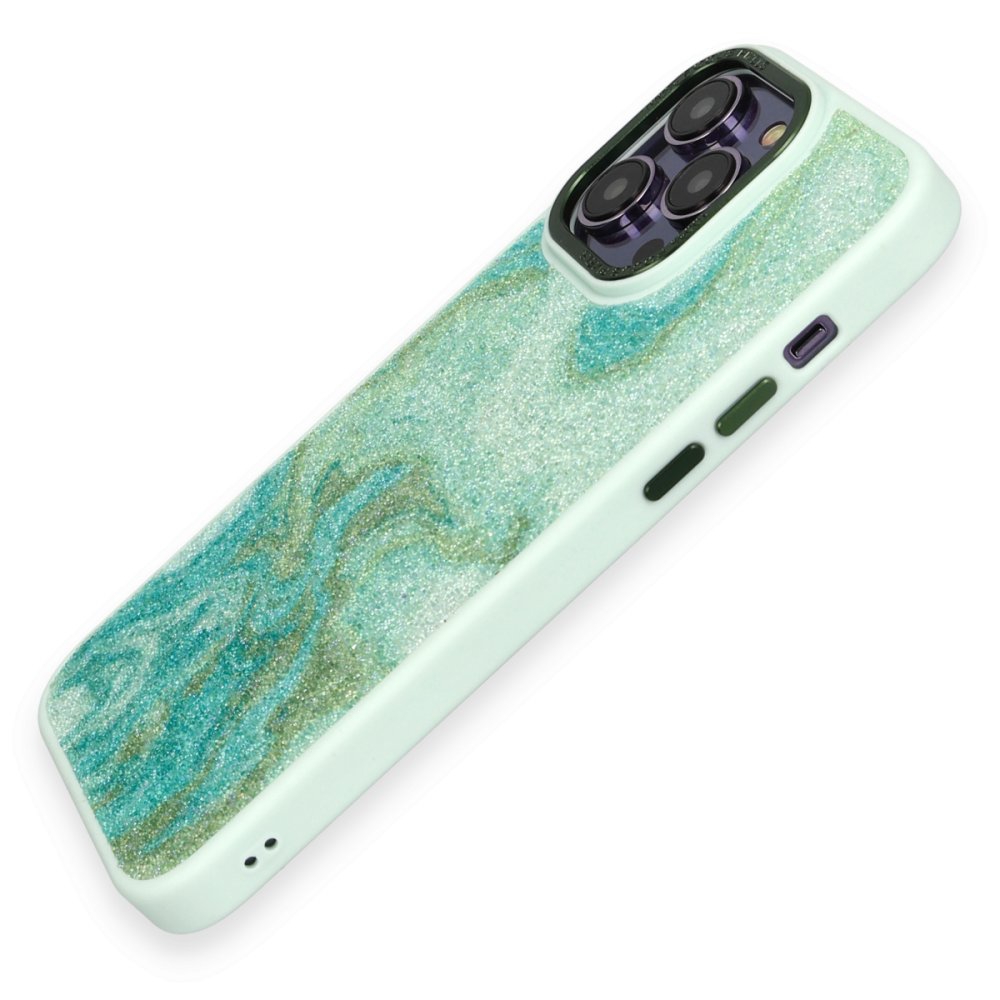 Newface iPhone 14 Pro Kılıf Moda Simli Kapak - Yeşil
