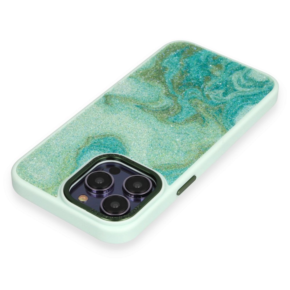 Newface iPhone 14 Pro Kılıf Moda Simli Kapak - Yeşil