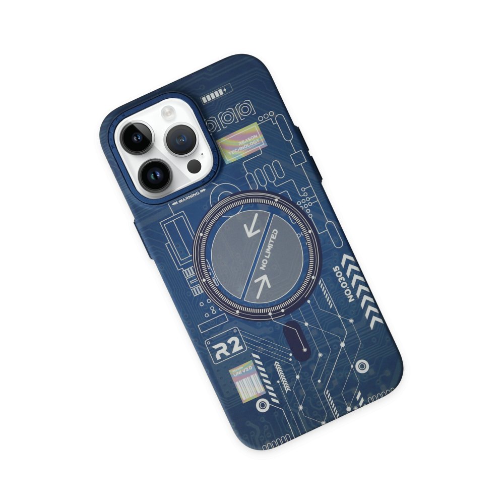 Newface iPhone 14 Pro Max Kılıf Fosforlu Metal Slim Magneticsafe Kapak - Mavi