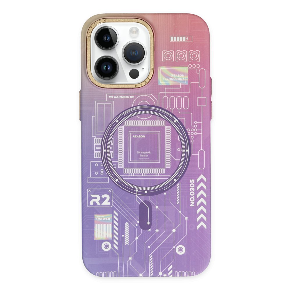 Newface iPhone 14 Pro Max Kılıf Fosforlu Metal Slim Magneticsafe Kapak - Mor
