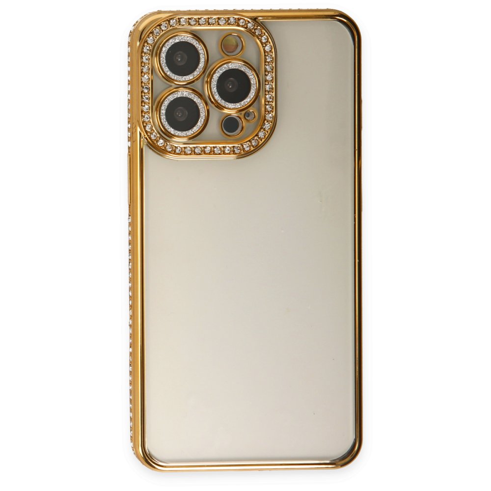 Newface iPhone 14 Pro Max Kılıf Joke Taşlı Silikon - Gold