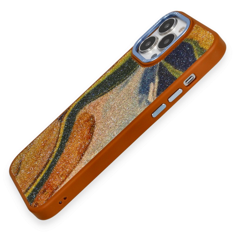 Newface iPhone 14 Pro Max Kılıf Moda Simli Kapak - Kahverengi