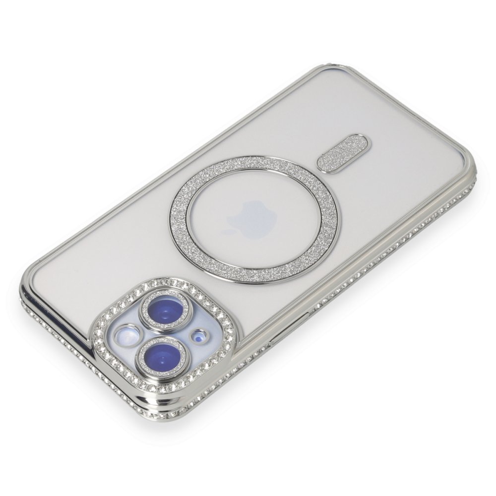 Newface iPhone 15 Kılıf Joke Simli Magneticsafe Kılıf - Gümüş