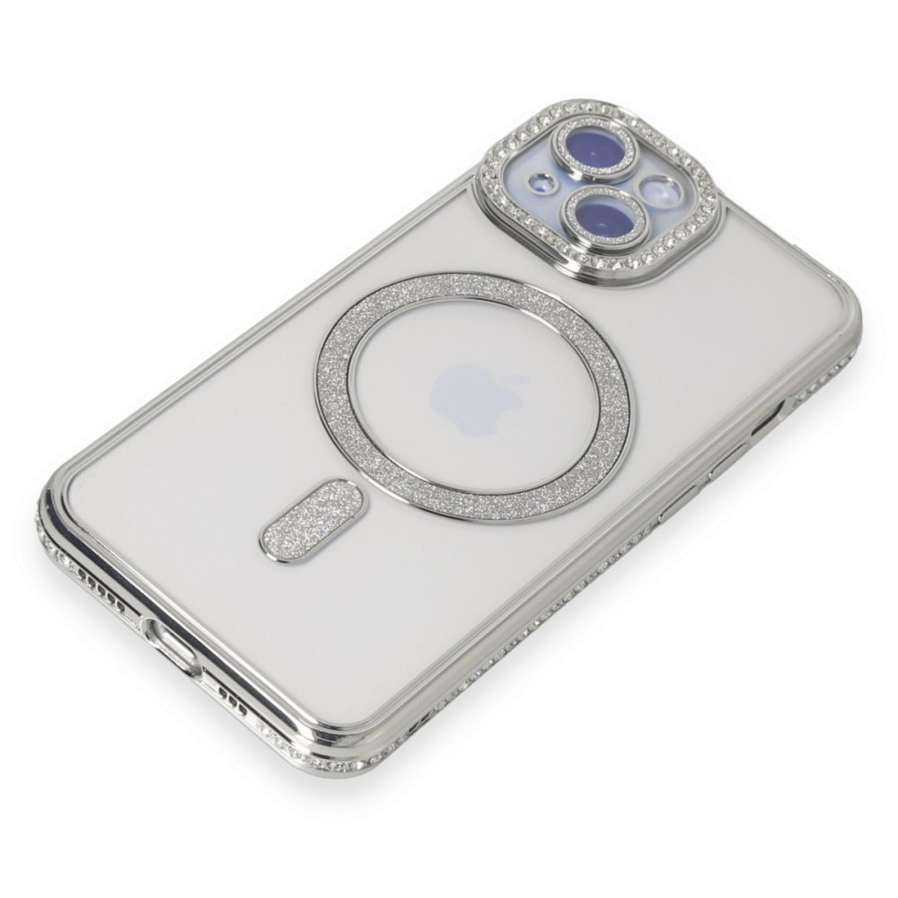 Newface iPhone 15 Kılıf Joke Simli Magneticsafe Kılıf - Gümüş
