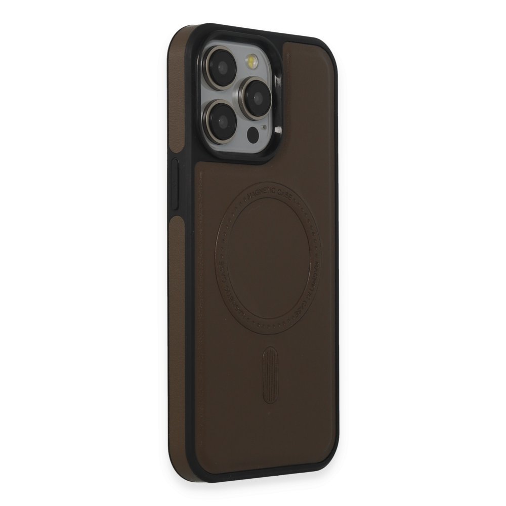 Newface iPhone 15 Pro Kılıf Ozzi Magsafe Deri Kapak - Natural Grey