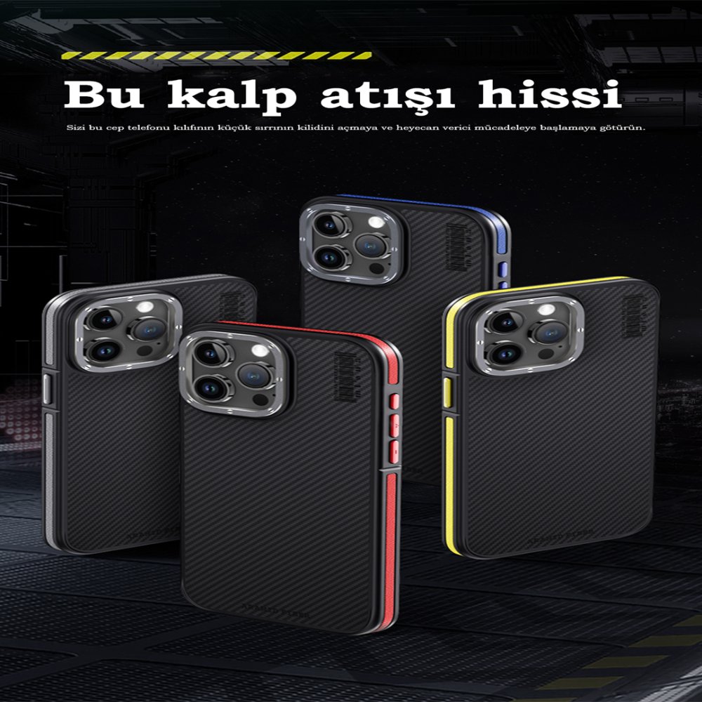 Joko iPhone 15 Pro Max Kılıf Aramid 600D Kevlar Karbon Fiber Magsafe Kapak - Kırmızı