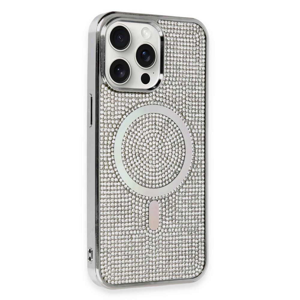 Newface iPhone 15 Pro Max Kılıf Diamond Magsafe Kapak - Gümüş
