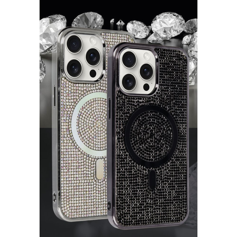 Newface iPhone 15 Pro Max Kılıf Diamond Magsafe Kapak - Gümüş