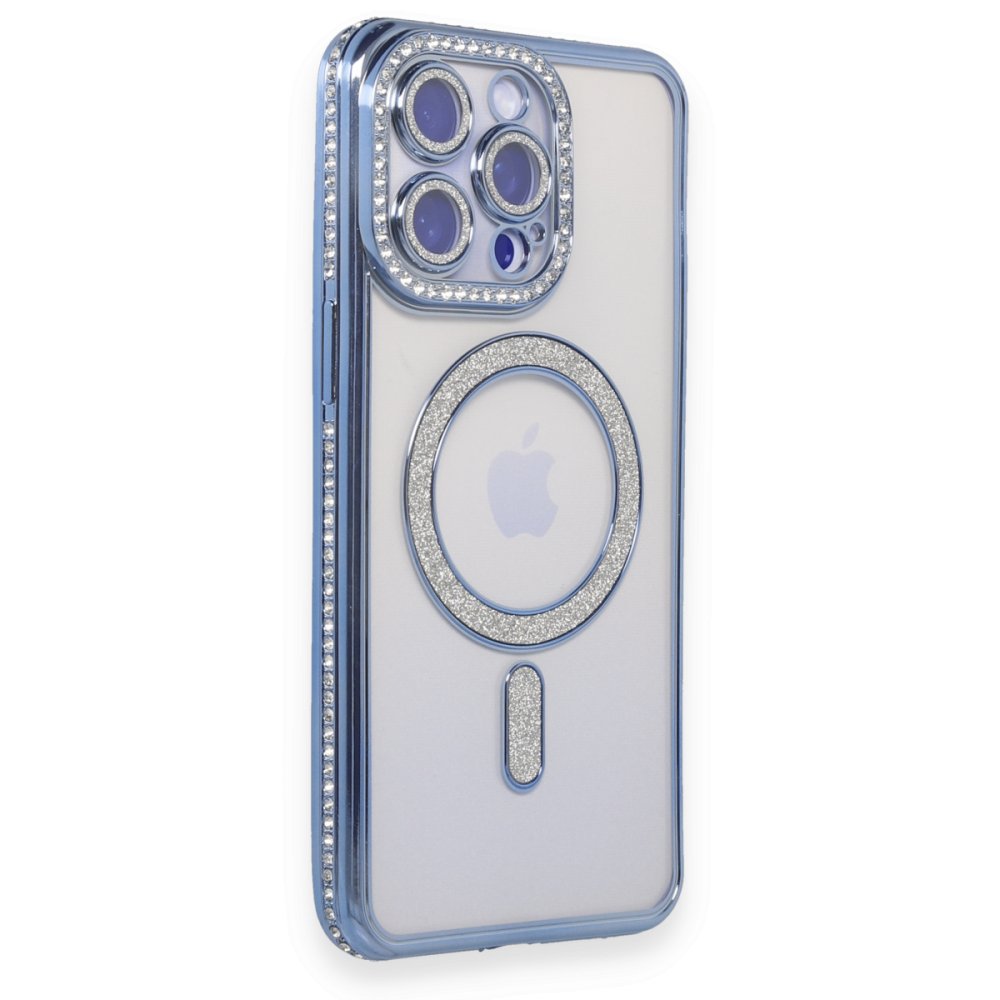 Newface iPhone 15 Pro Max Kılıf Joke Simli Magneticsafe Kılıf - Mavi