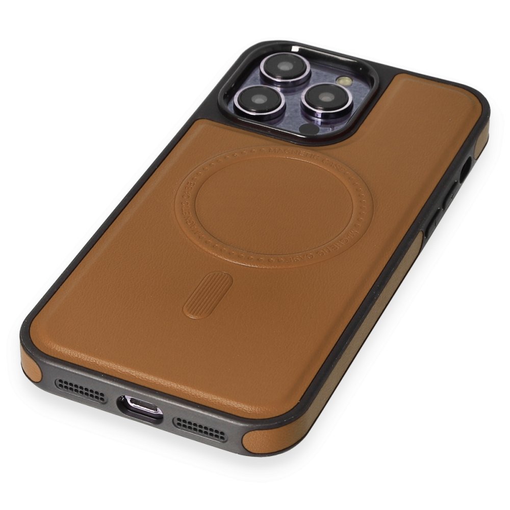 Newface iPhone 15 Pro Max Kılıf Ozzi Magsafe Deri Kapak - Taba