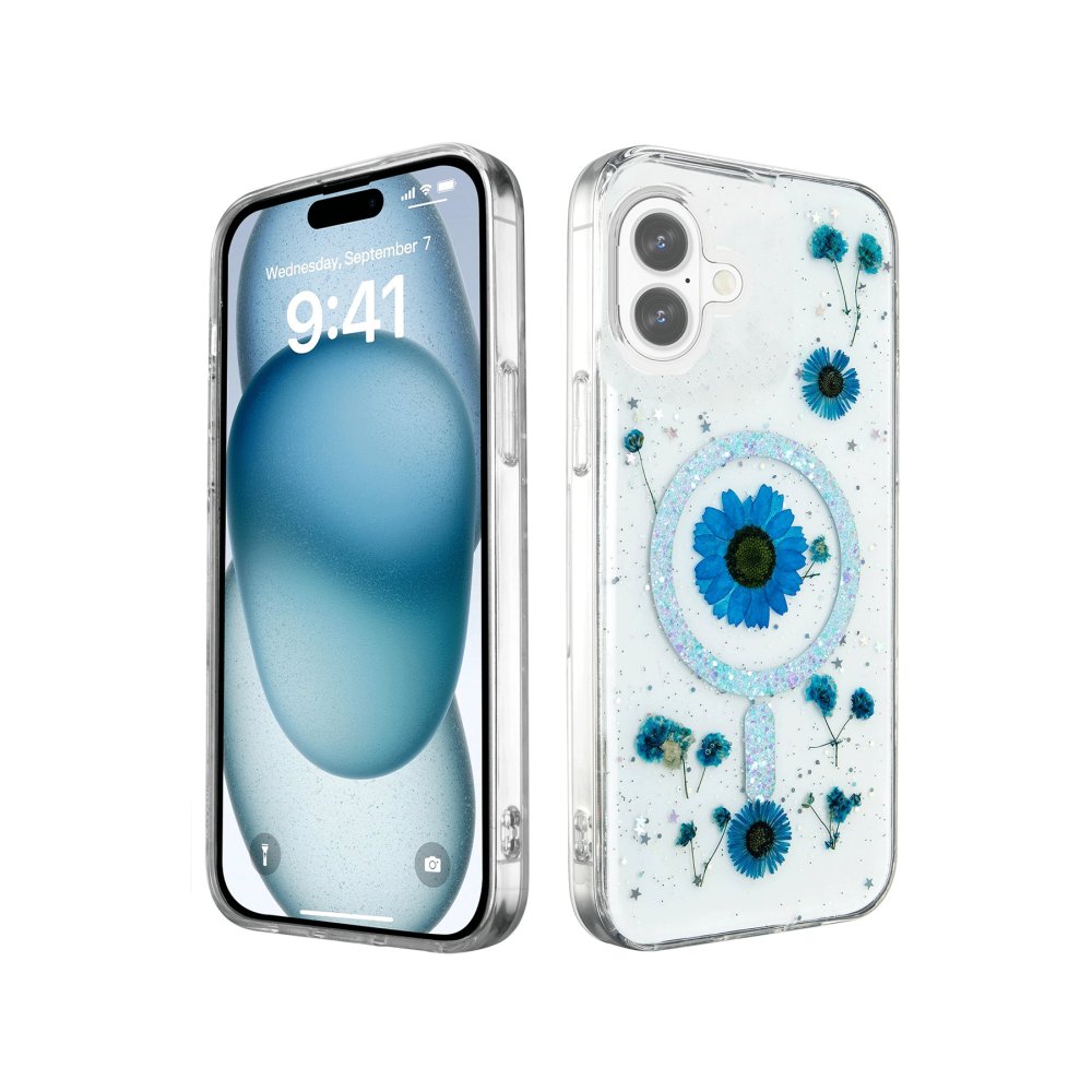 Newface iPhone 16 Plus Kılıf Daisy Simli Magsafe Kapak - Mavi