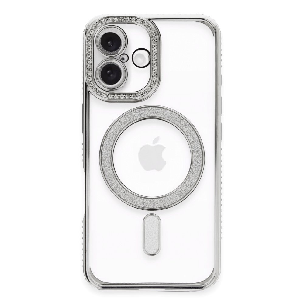 Newface iPhone 16 Plus Kılıf Joke Simli Magneticsafe Kılıf - Gümüş