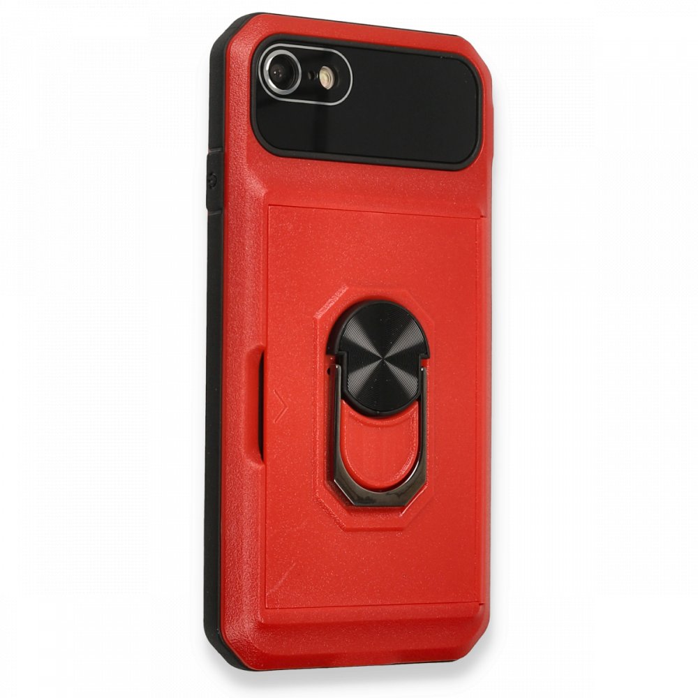 Newface iPhone 7 Kılıf Klik Yüzüklü Kartvizitli Silikon - Kırmızı