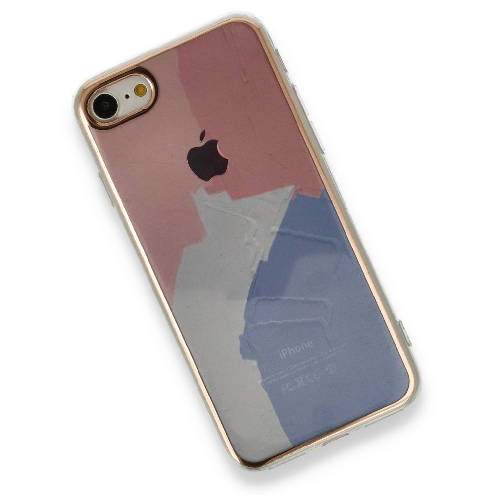 Newface iPhone 8 Kılıf Çiçekli Silikon - Pembe-Mavi