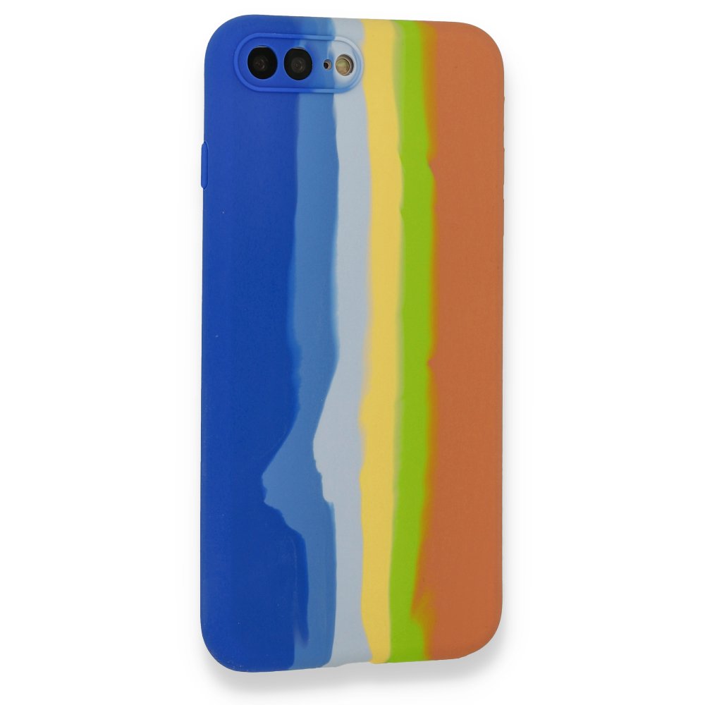 Newface iPhone 8 Plus Kılıf Ebruli Lansman Silikon - Mavi-Turuncu
