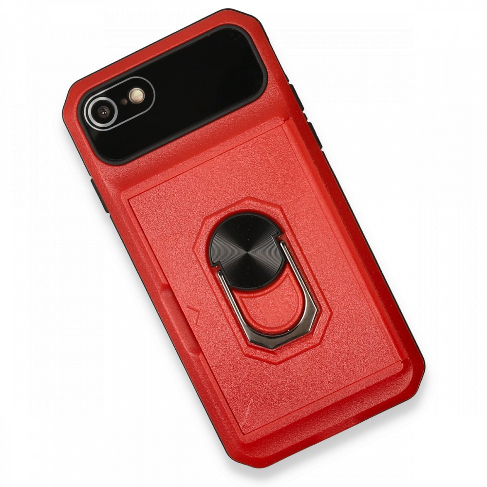 Newface iPhone SE 2020 Kılıf Klik Yüzüklü Kartvizitli Silikon - Kırmızı