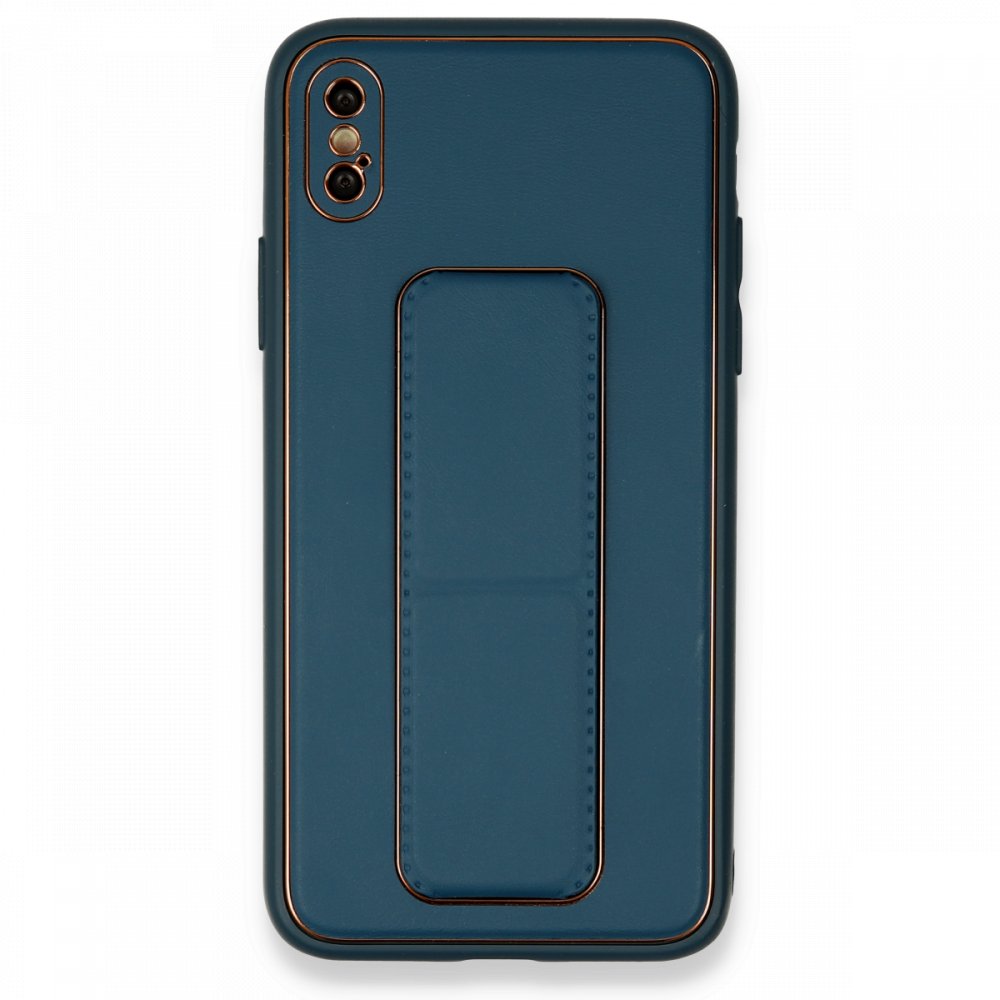 Newface iPhone X Kılıf Coco Deri Standlı Kapak - Mavi