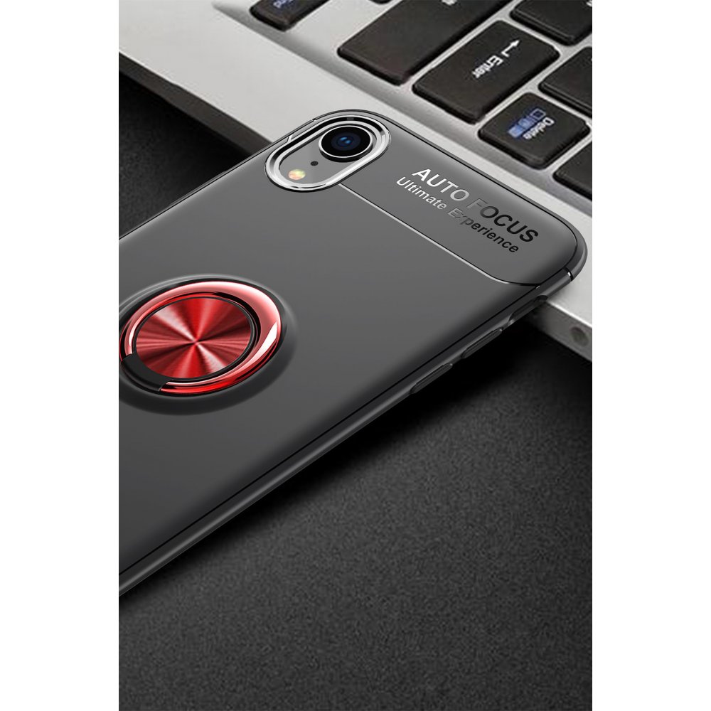 Newface iPhone XR Kılıf Range Yüzüklü Silikon - Siyah-Kırmızı