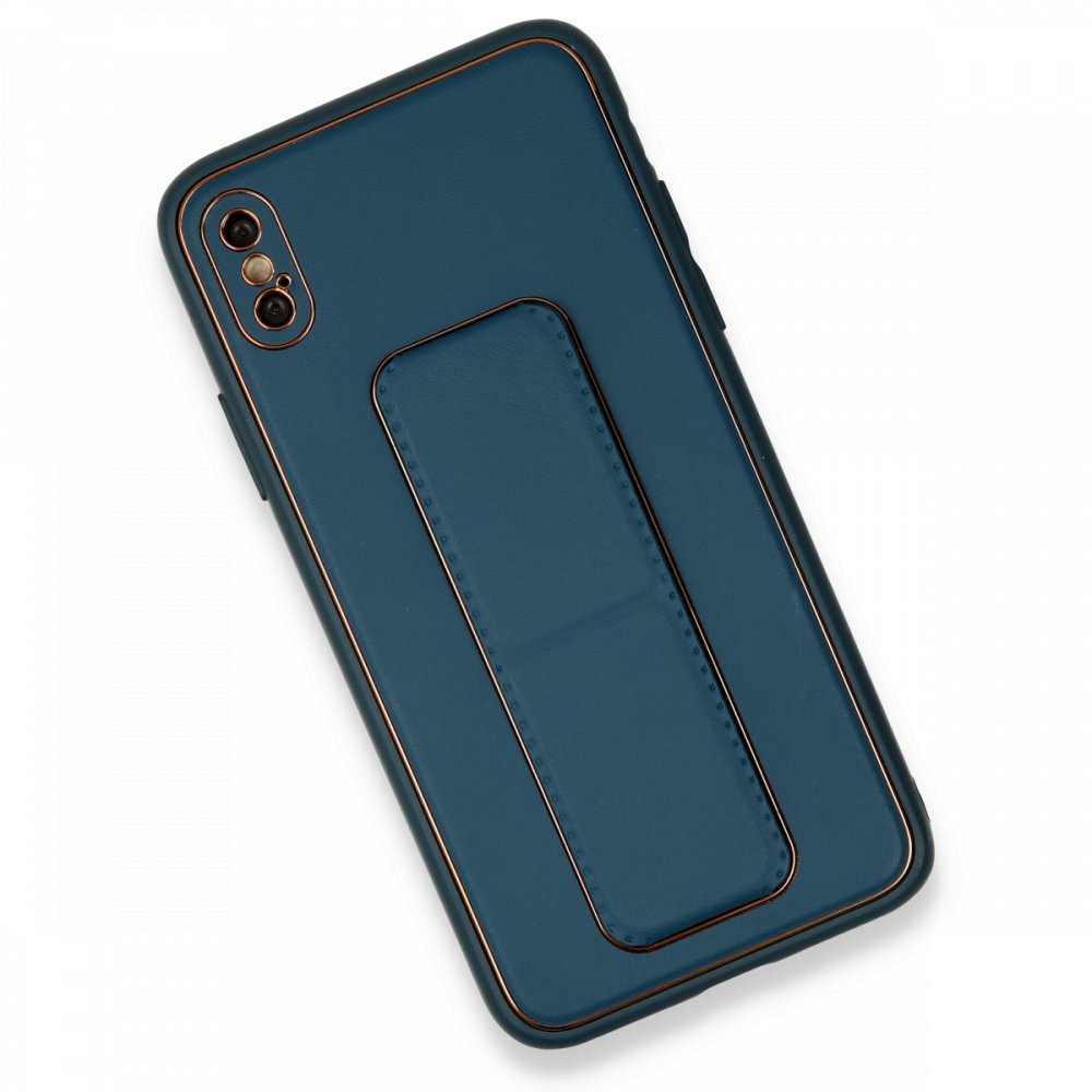 Newface iPhone XS Max Kılıf Coco Deri Standlı Kapak - Mavi