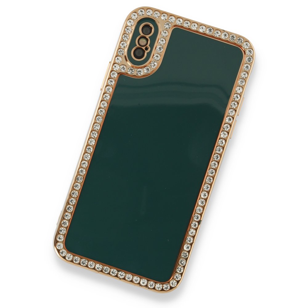Newface iPhone XS Max Kılıf Solo Taşlı Silikon - Koyu Yeşil