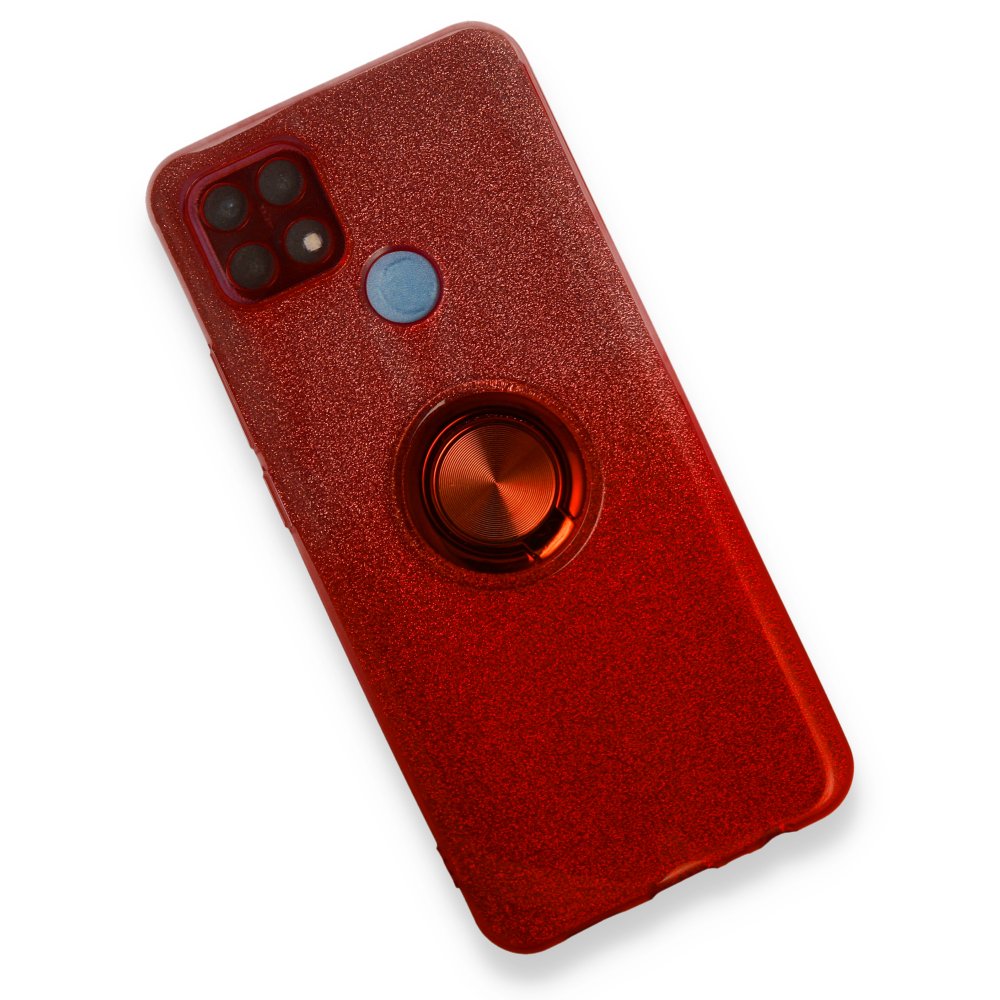 Newface Oppo A15S Kılıf Simli Yüzüklü Silikon - Kırmızı