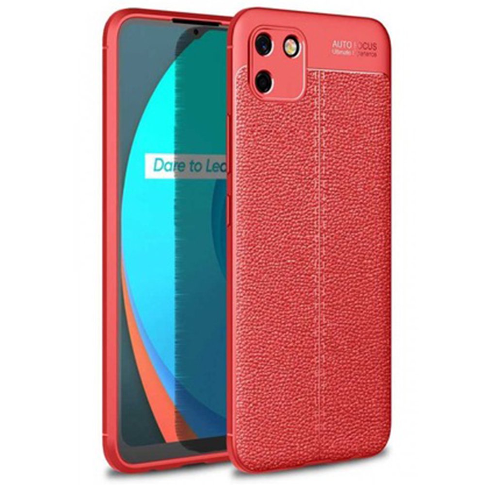 Newface Realme C11 Kılıf Focus Derili Silikon - Kırmızı