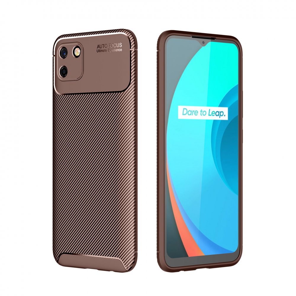 Newface Realme C11 Kılıf Auto Focus Karbon Kapak - Kahverengi