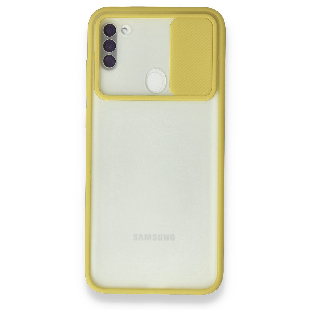 Newface Samsung Galaxy A11 Kılıf Palm Buzlu Kamera Sürgülü Silikon - Sarı