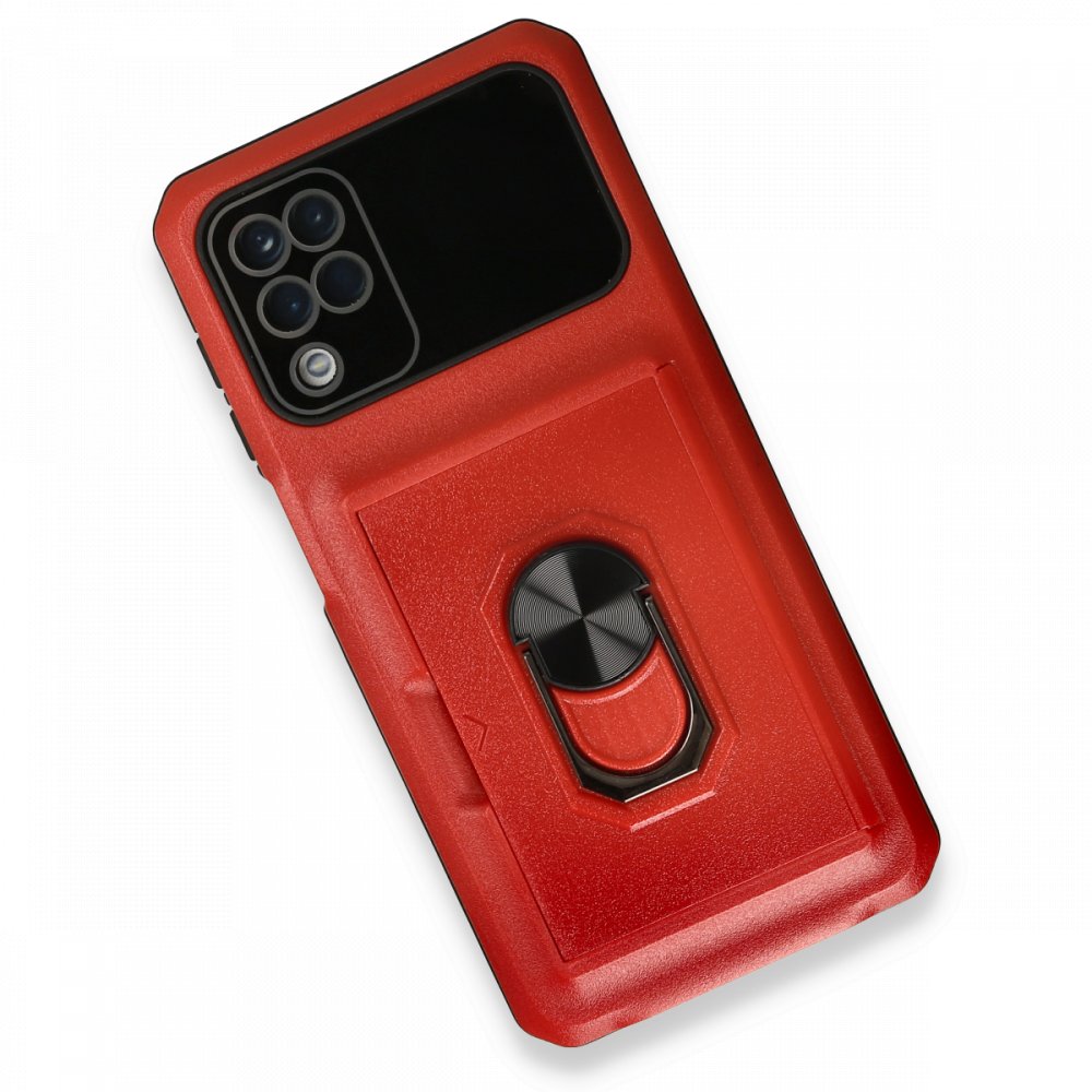 Newface Samsung Galaxy A12 Kılıf Klik Yüzüklü Kartvizitli Silikon - Kırmızı